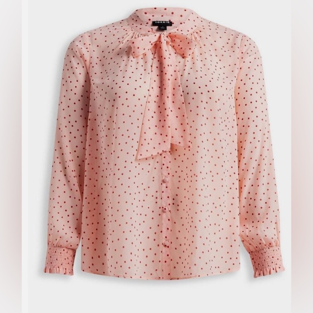 torrid Pink Polka Dot Tie-Neck Blouse with Red Dots - Picture 2 of 14